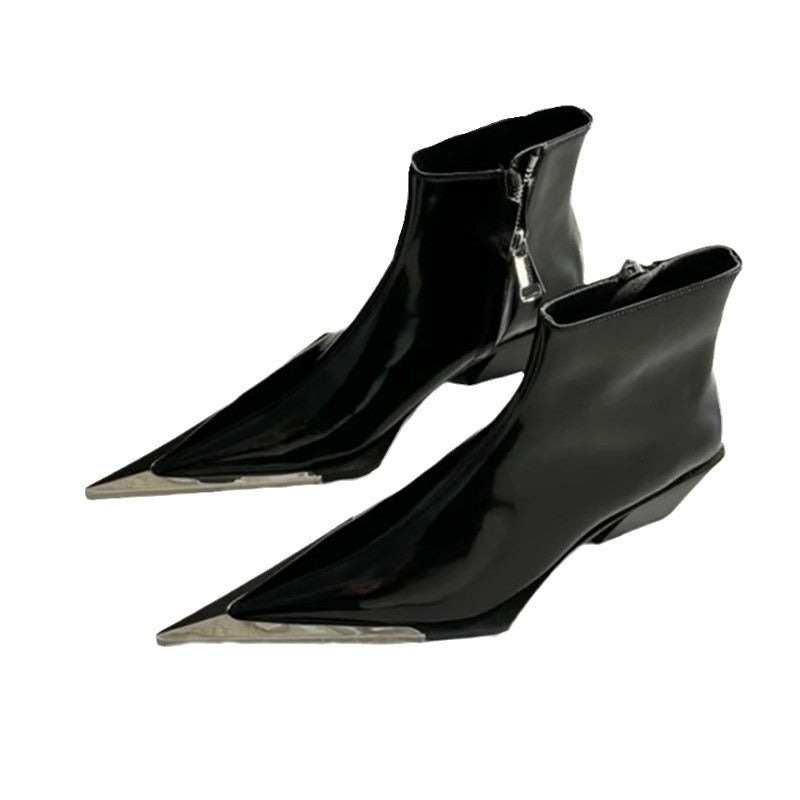 Chunky Heel Metal Toe High Heel Side Zipper Ankle Boots