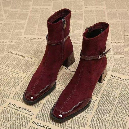 Retro French British Style Black Square  Zip Boots