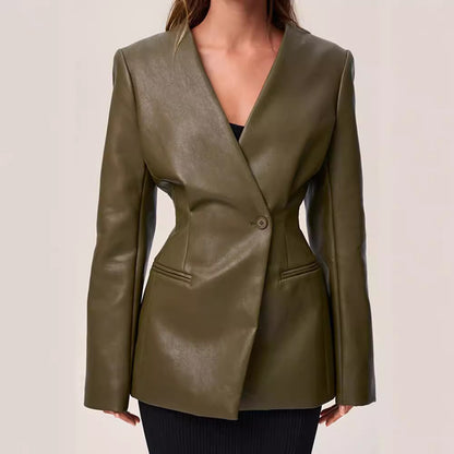 Fashionable Green V-neck Slim Suit Coat