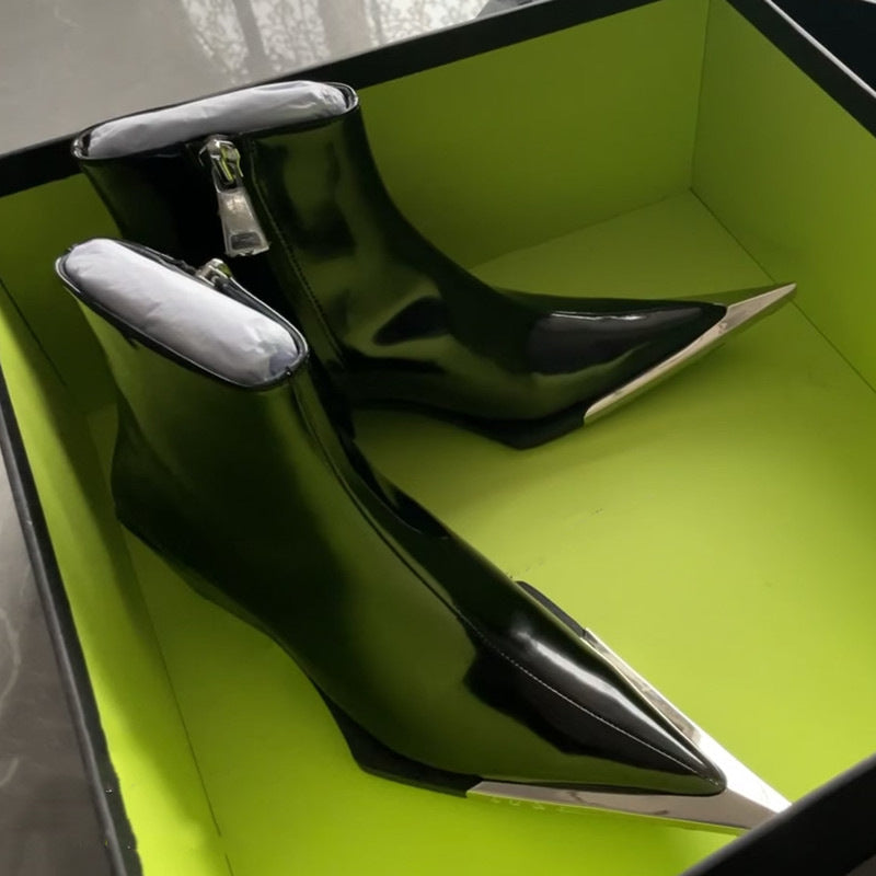 Chunky Heel Metal Toe High Heel Side Zipper Ankle Boots