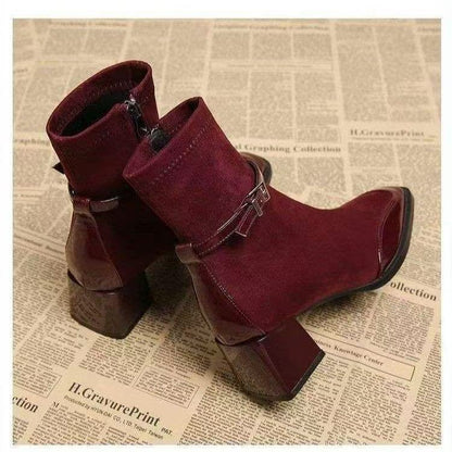 Retro French British Style Black Square  Zip Boots