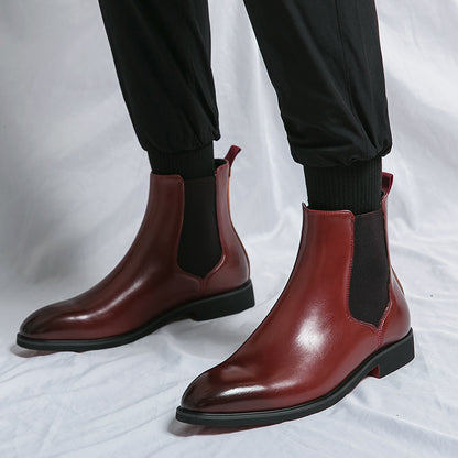 Men's Business Autumn High-top Pointed Red Leather Boots
