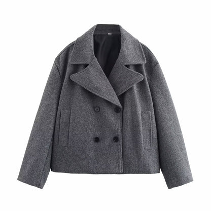 Gro Stréckjacket Fraen Loose Duebelbrüstege Kuerze Mantel