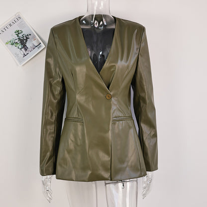 Fashionable Green V-neck Slim Suit Coat