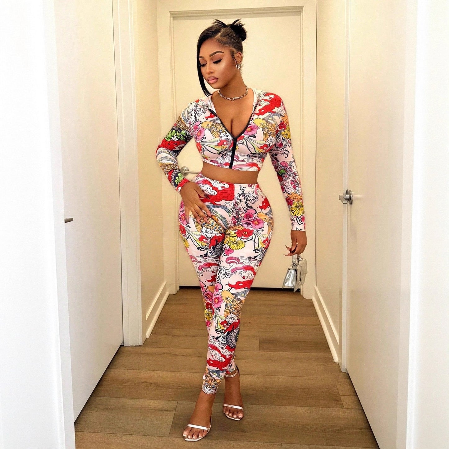 Women's Fashion Hooded Printed Top And Waist-length Sexy Pants Set