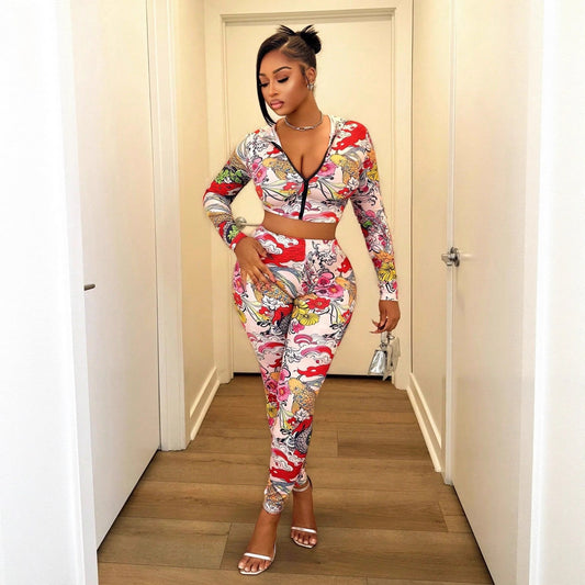 Women's Fashion Hooded Printed Top And Waist-length Sexy Pants Set