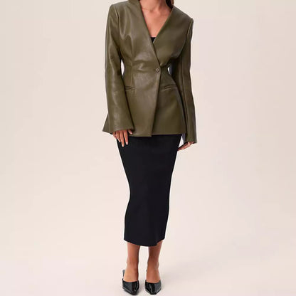 Fashionable Green V-neck Slim Suit Coat