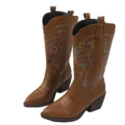 Embroidered Knight Boots Women Pointed Toe Chunky Heel Cowboy Boot