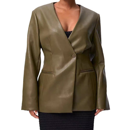 Fashionable Green V-neck Slim Suit Coat