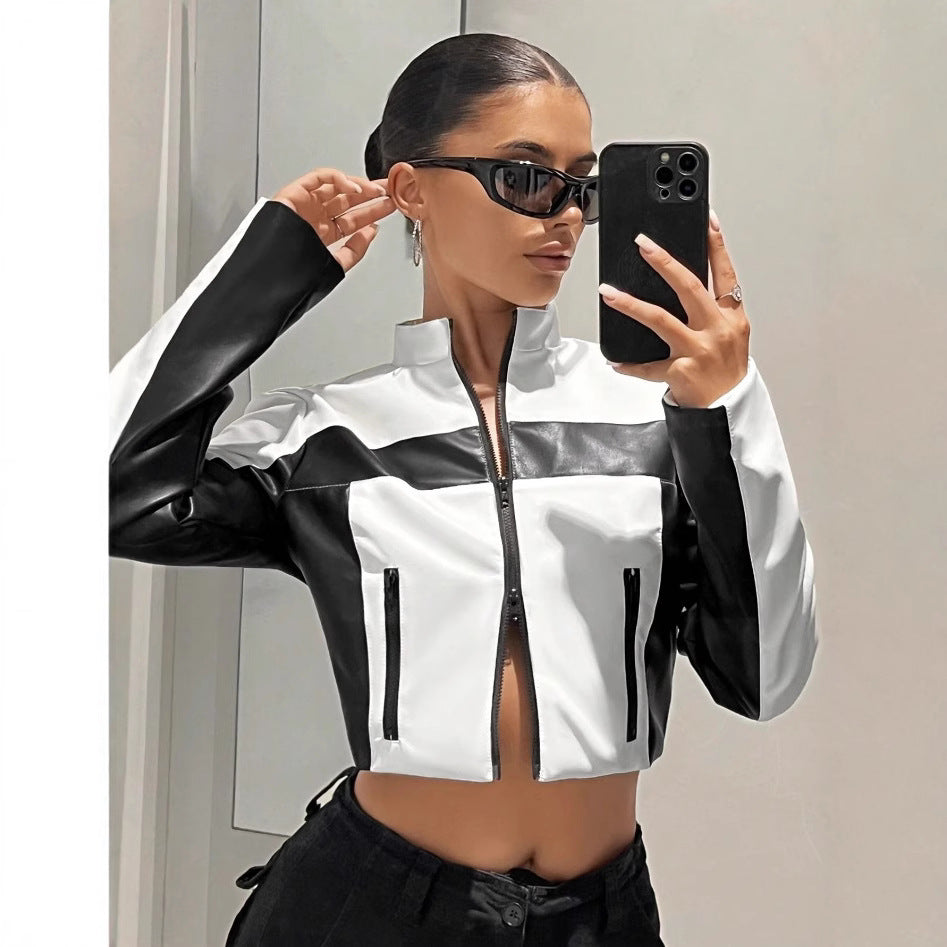 Black And White Contrast Color Leather Coat Women's Zipper Short Slim Jacket