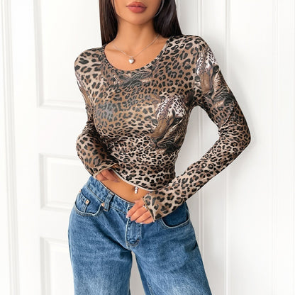 Dammen Vintage Leopard Print Langarm T-Shirt