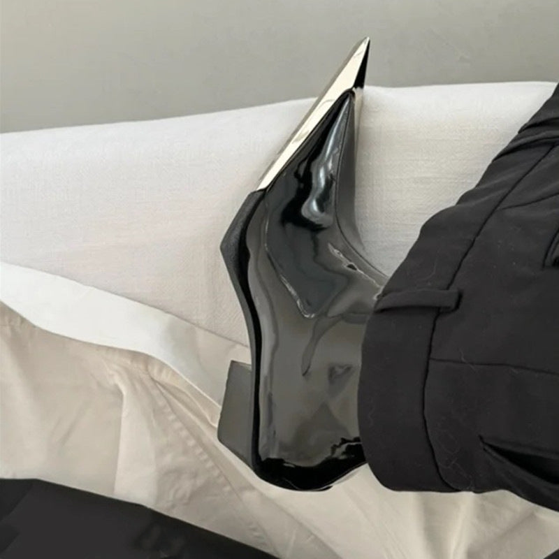 Chunky Heel Metal Toe High Heel Side Zipper Ankle Boots