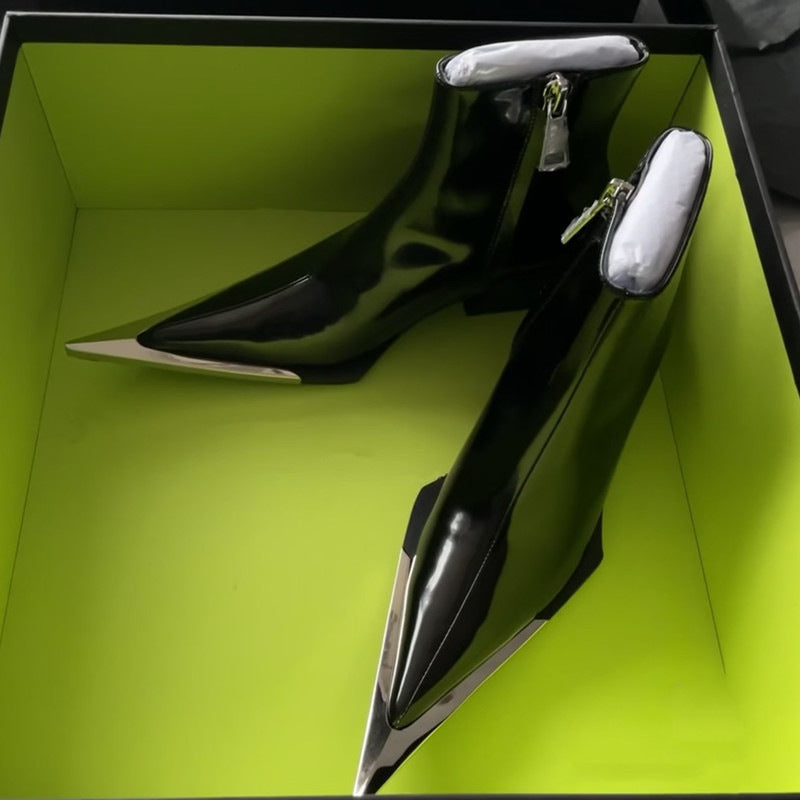 Chunky Heel Metal Toe High Heel Side Zipper Ankle Boots