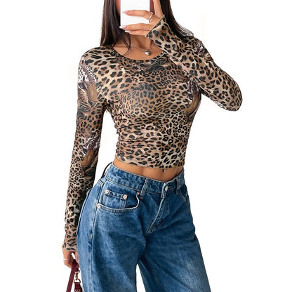 Dammen Vintage Leopard Print Langarm T-Shirt